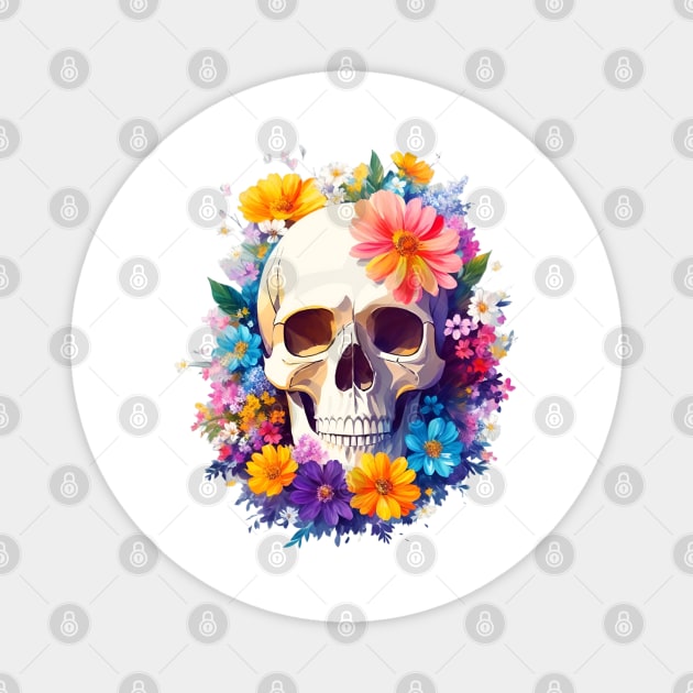 Yet Another Skull With Flowers 2! - Watercolor - AI Art Magnet by Asarteon